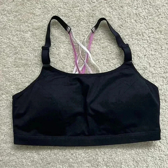 Livi Active Lane Bryant Bra Sz 18 40 D Pink Strap Back Black Low Impact Wireless - Picture 1 of 12